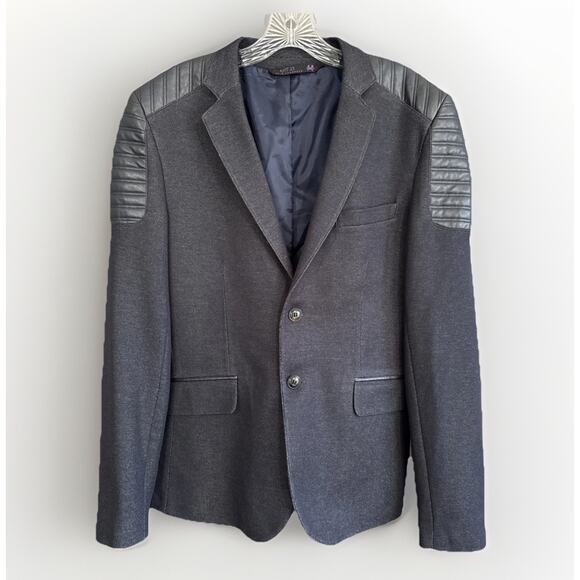 RARE! RNT 23 Ron Tomson Moto Blazer Navy Jacket Quilted Faux Leather Large Slim - Picture 1 of 16